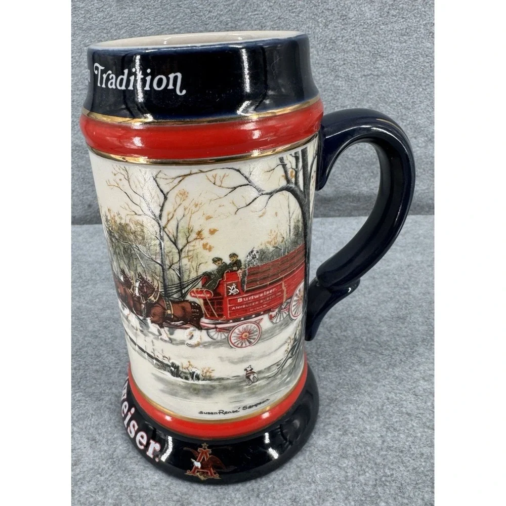 Budweiser Clydesdales Vintage Holiday Beer Stein Winter An American Tradition‎